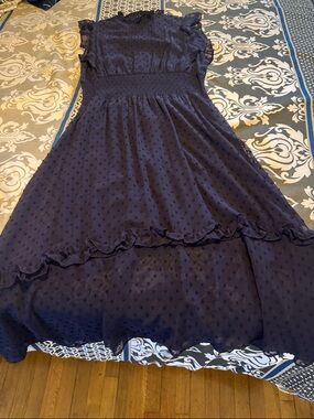 Aqua Navy Swiss Dot Midi Dress with Ruffle Trim